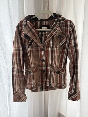 Maurices Brown Plaid Hooded Button Jacket